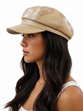 Tan Beige Neutral Faux Leather Newsboy Cap Cabbie Hat NWT